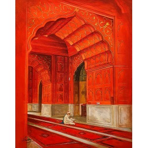 S. A. Noory, Badshahi Mosque-Lahore, 18 x 24 Inch, Acrylic on Canvas, Figurative Painting, AC-SAN-180